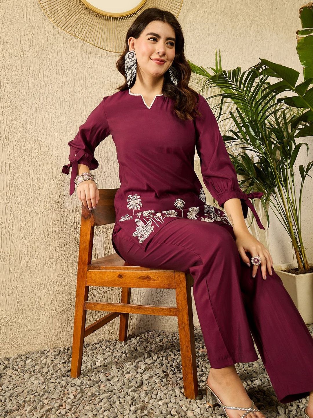 Women’s Premium Maroon Embroidered Kurti Pant Set | Elegant Floral Design | Festive & Casual Wear
