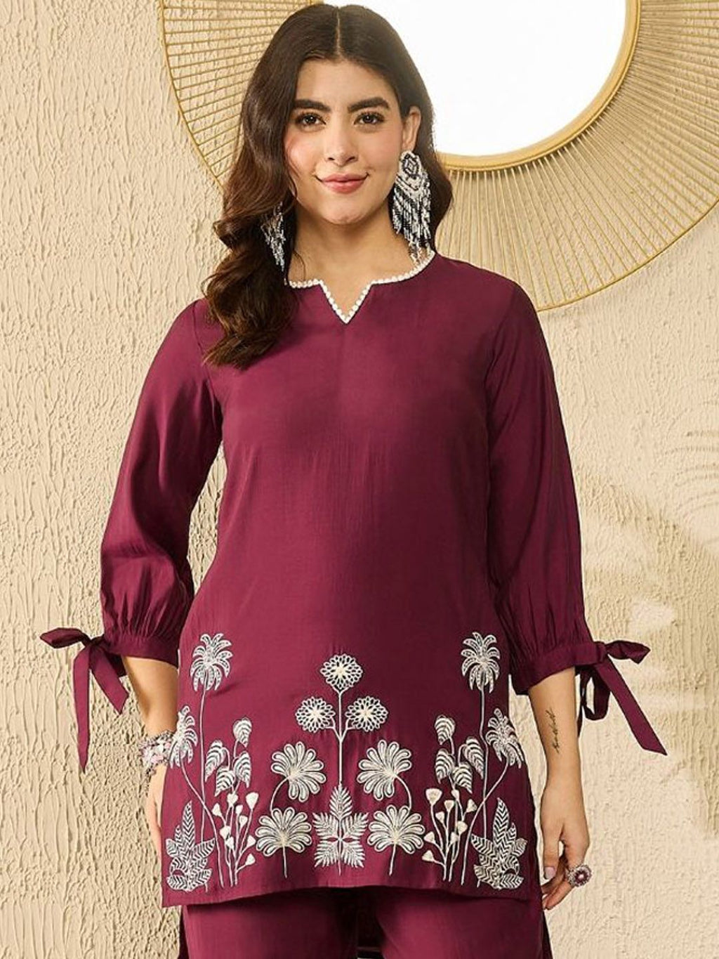 Women’s Premium Maroon Embroidered Kurti Pant Set | Elegant Floral Design | Festive & Casual Wear