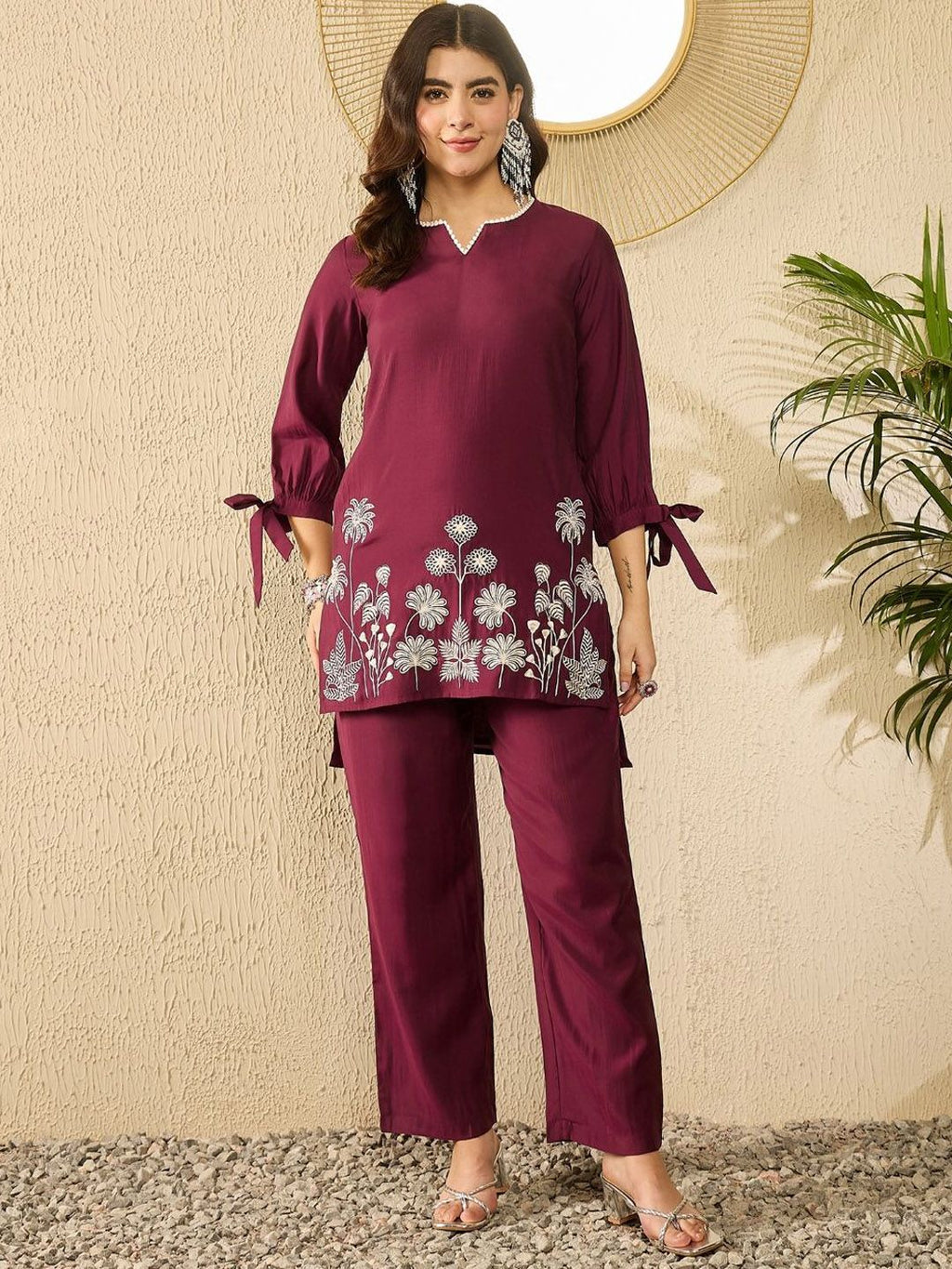 Women’s Premium Maroon Embroidered Kurti Pant Set | Elegant Floral Design | Festive & Casual Wear